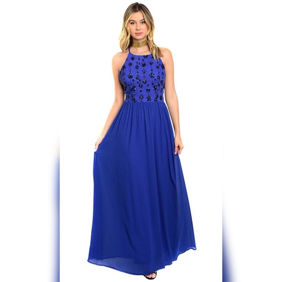 Dresses & Skirts - Royal Blue Floral Sequin Strappy Evening Dress